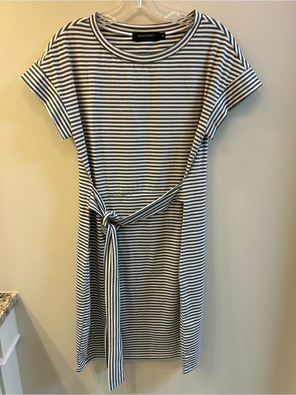 Dark Gray and White Striped Tie-Waist Midi Dress